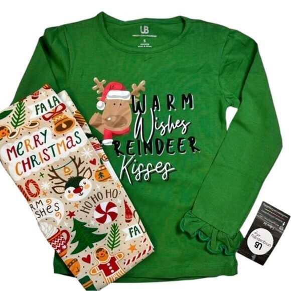 NWT Girls Christmas Holiday 2 Piece Green Long Sleeve Top & Leggings- Size 5 - Picture 1 of 7